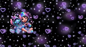 Teplákovina druk cyfrowy Stich i Lilo fiolet- panel 85x180 