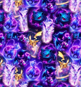 Dresówka pętelka druk cyfrowy pokemon fiolet 